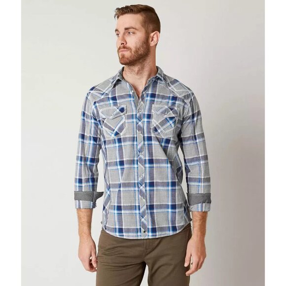 Buckle Black Men's New Light Plaid Grey Button Down Shirt - Size Large - Picture 3 of 13